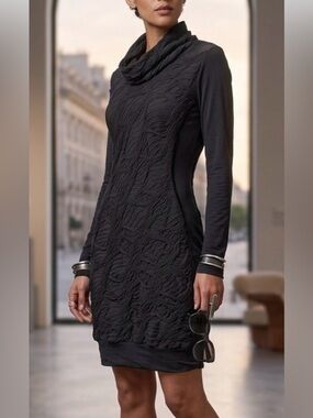 BEATE HEYMANN Street Couture Black Cowl Neck Textured Knit Mini Dress / Tunic